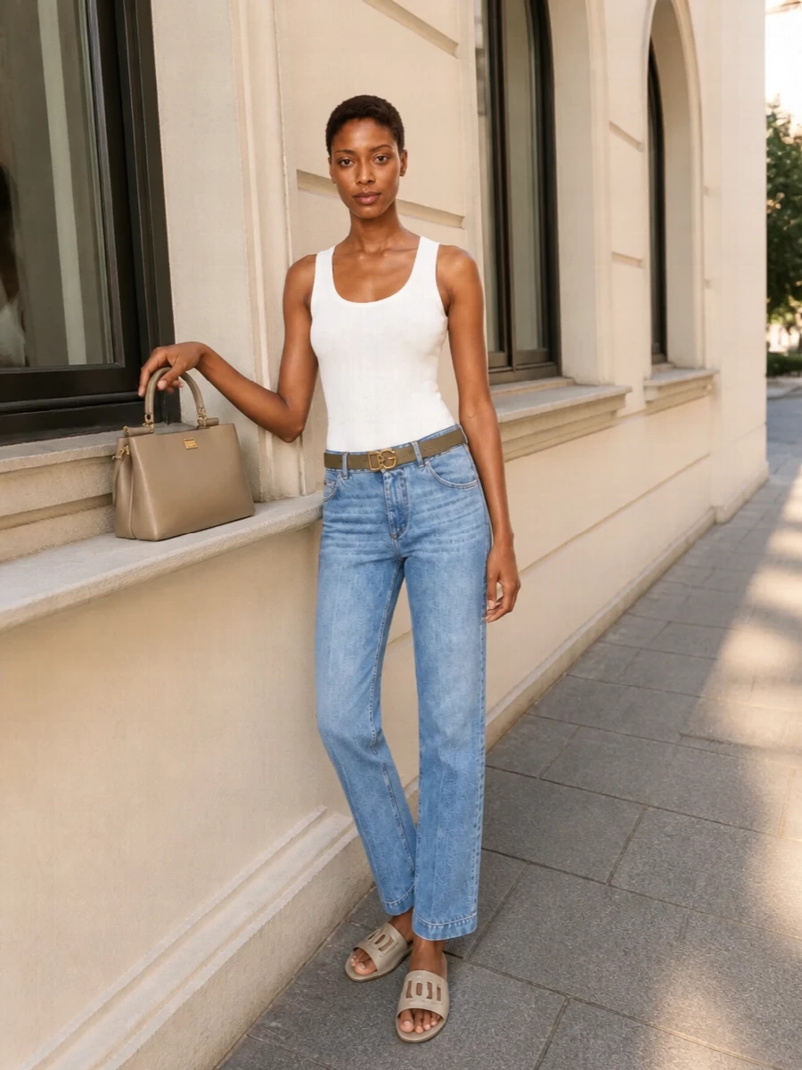 A white ribbed tank and light straight-leg denim keep the silhouette lean and unfussy, all in a soft, sunlit palette. A taupe top-handle bag and light beige slides add measured structure and polish, while the slim olive belt gives a precise, intentional finish without disturbing the calm. The result is relaxed Italian ease that still reads considered from brunch through late afternoon.