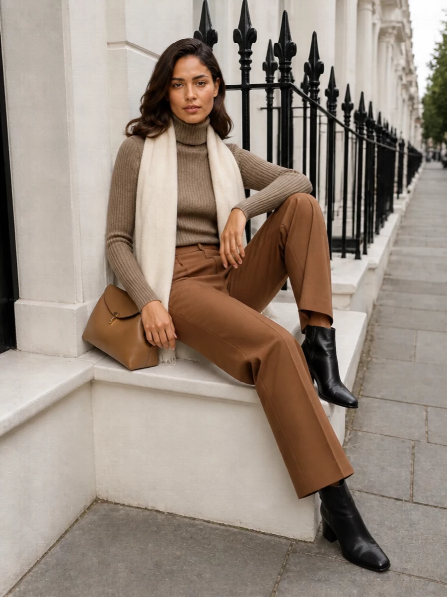 A ribbed taupe turtleneck and full-length camel tailored trousers build a long, uninterrupted line that feels calm and deliberate. Black sculpted ankle boots and a structured camel shoulder bag sharpen the softness just enough, keeping the palette warm and the mood quietly confident. A butter-cream scarf brings a gentle contrast, enriching the neutrals while staying firmly in the minimalist, tailored register.