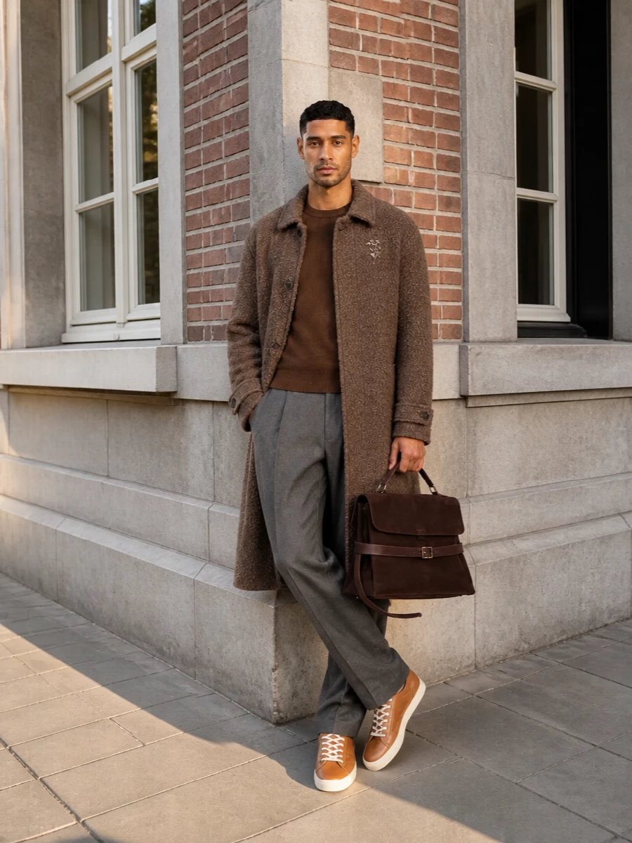 Golden goose coat brown knit charcoal trousers