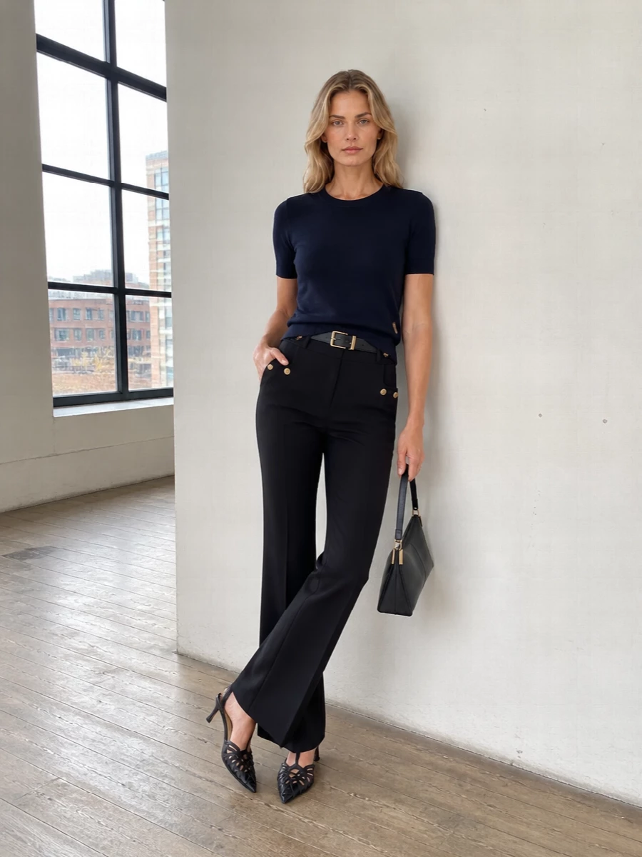 Balmain navy knit black flared trousers outfit