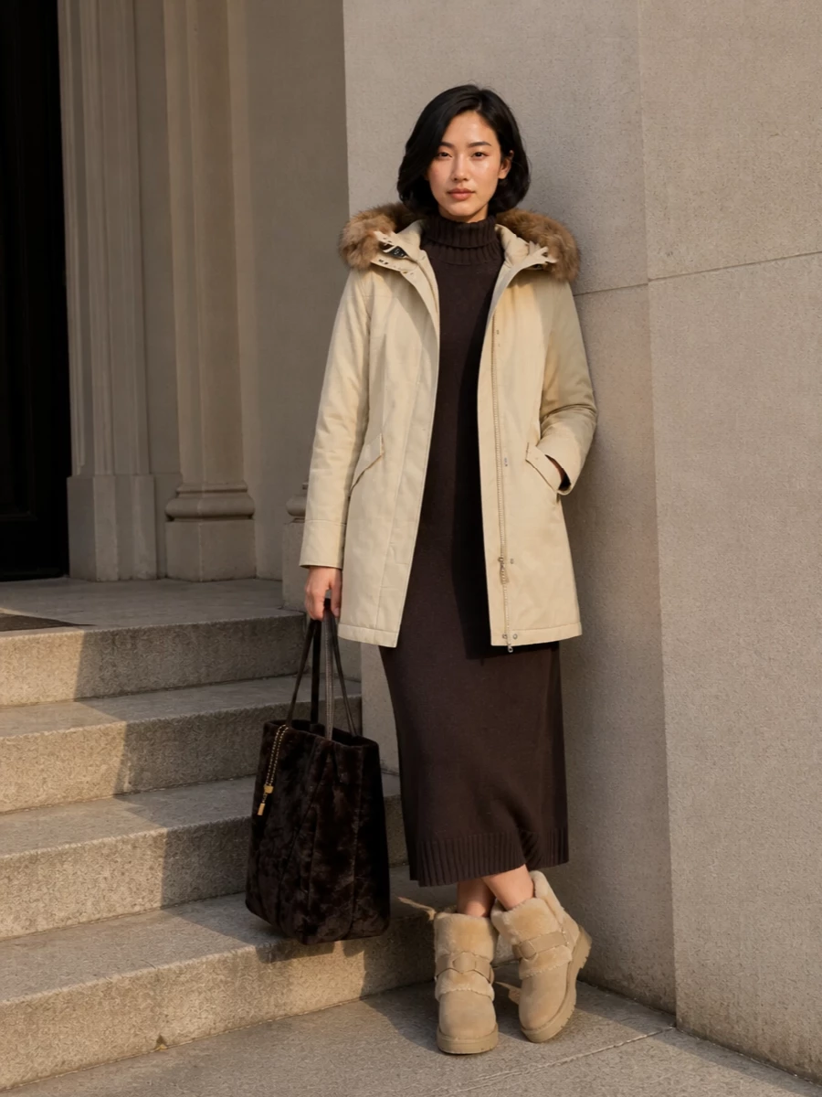 Max mara knit dress woolrich parka outfit