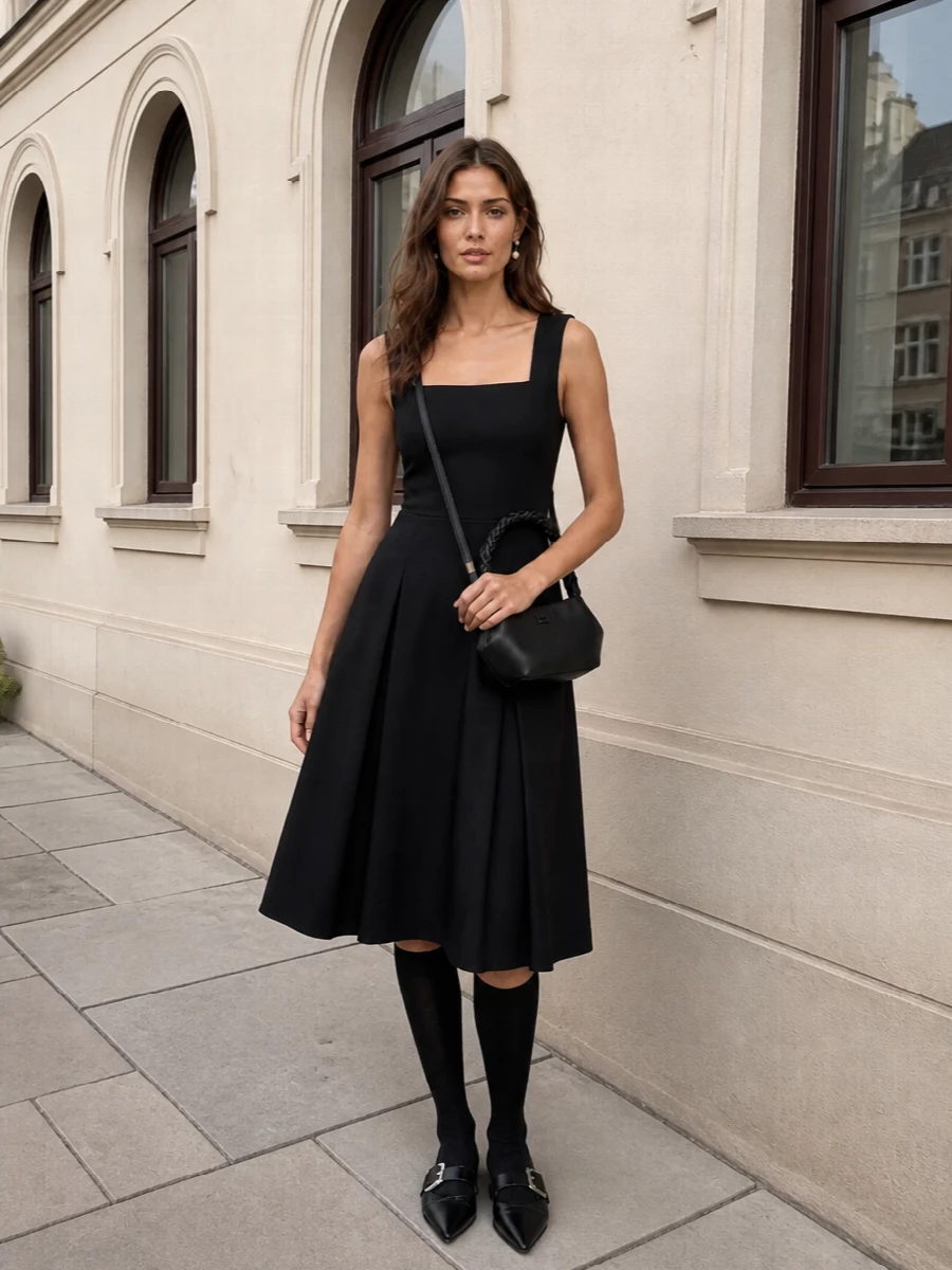 Ganni black midi dress flats pearl earrings