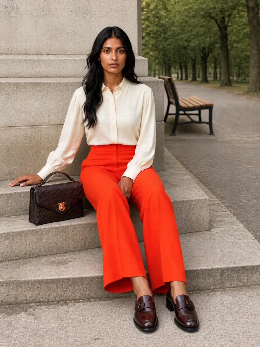 Brioni orange trousers cream shirt bottega bag
