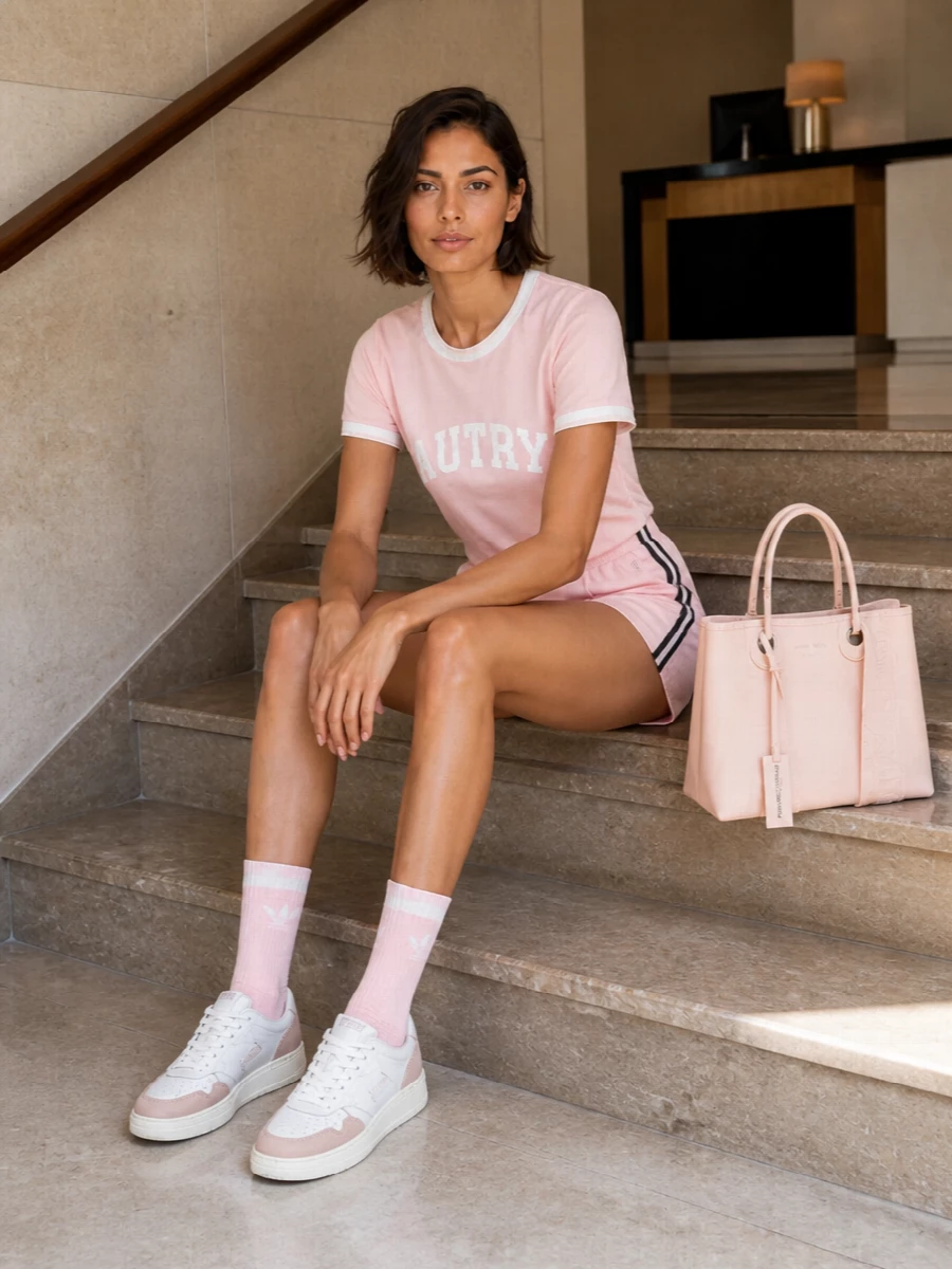 Autry blush tee adidas shorts sneakers outfit