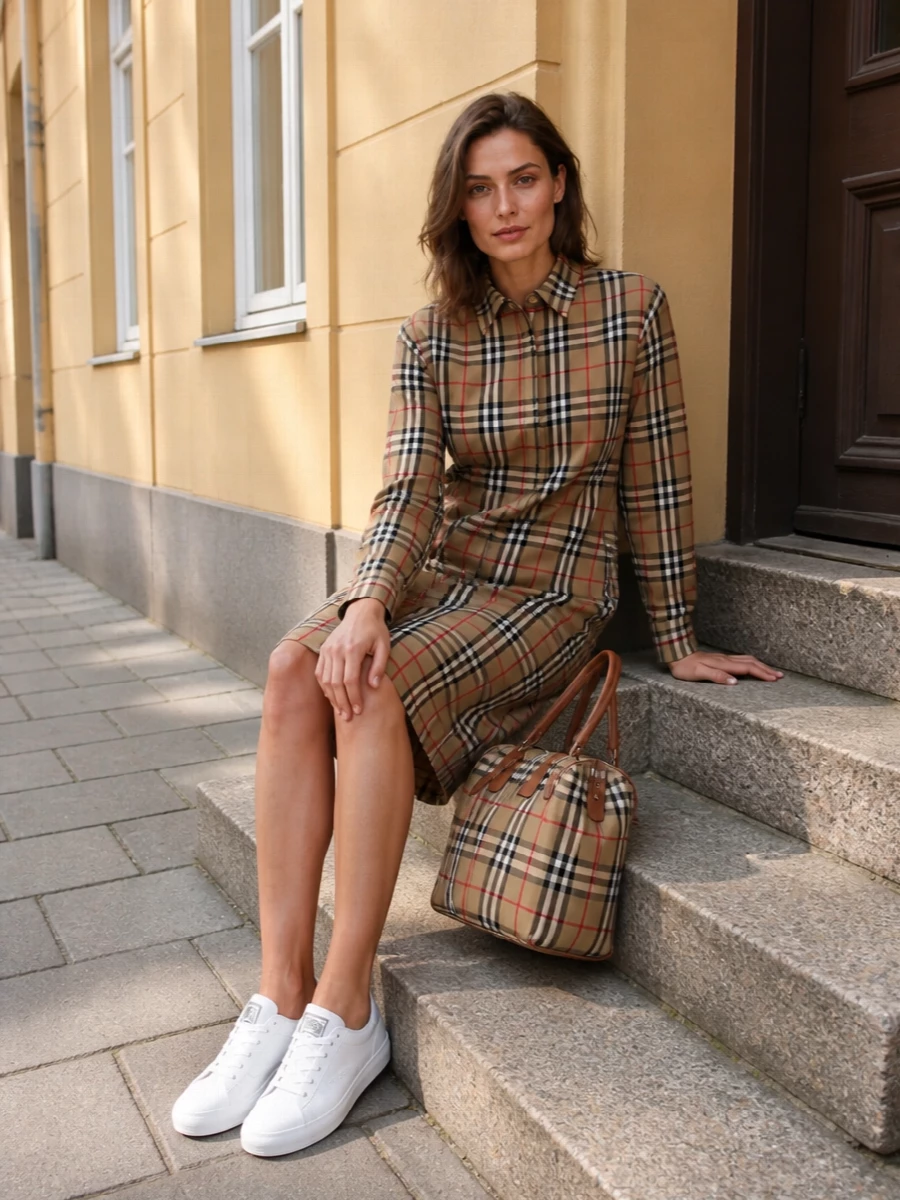 A pure Burberry moment built around the iconic camel check, this shirt dress mirrors the tote’s palette for a tight, quietly luxurious story. The crisp tailored cut keeps it preppy and composed, while the white leather sneakers relax the mood just enough for city days. It is an easy, graphic uniform that feels considered from coffee runs to casual client catch-ups.