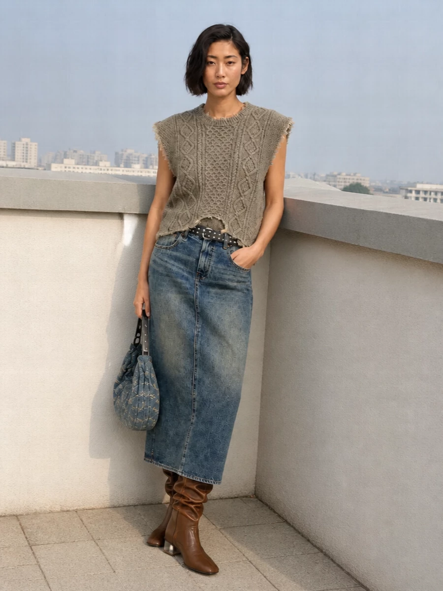 R13’s deconstructed denim skirt meets a frayed cable vest in mossy taupe, giving a grunge-heavy, layered texture that still reads intentional. Slouchy chocolate knee boots and a faded denim crescent bag keep the palette grounded and urban, while a slim studded belt carves in the waist so the straight midi line feels sharp rather than heavy. It is a cold-weather streetwear uniform that leans into distressing and hardware without losing balance or wearability.