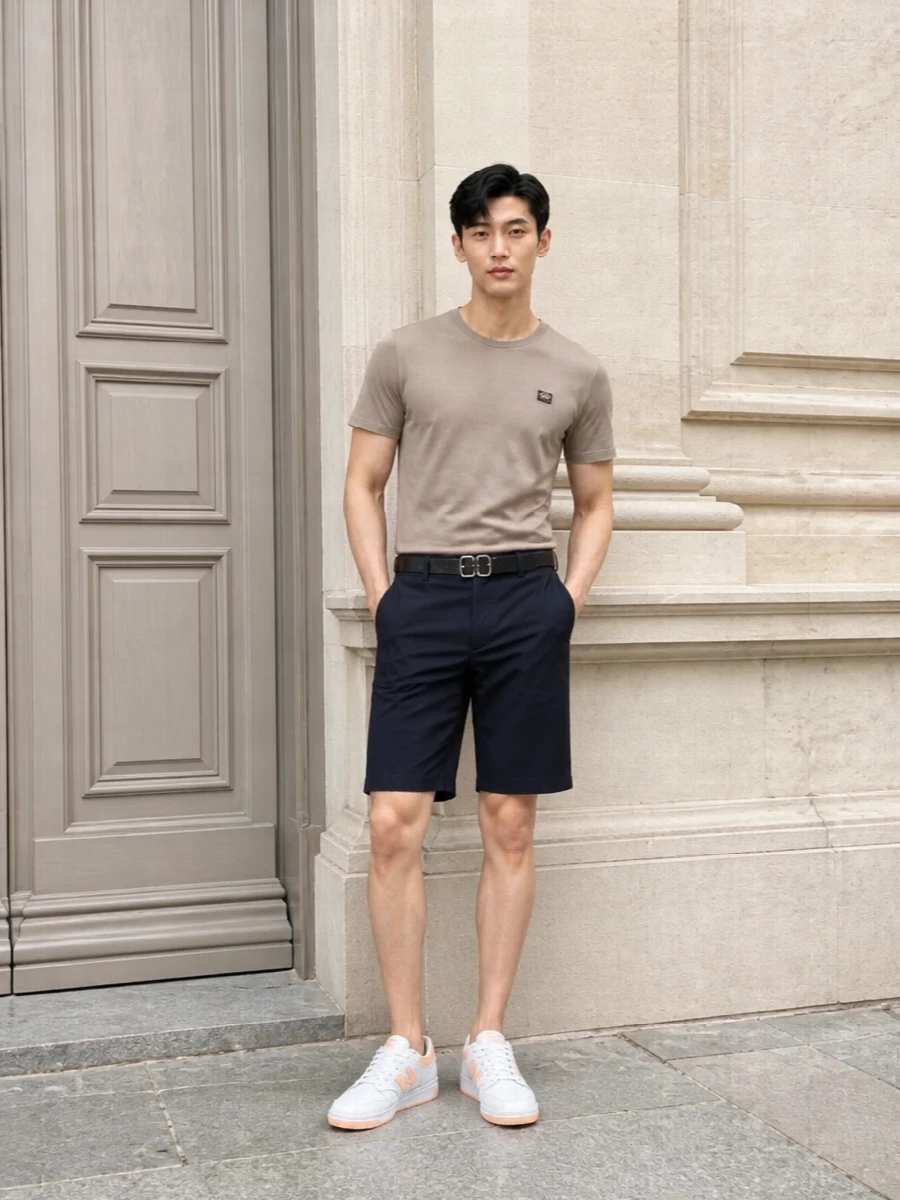 Taupe and navy do the talking here, giving a neat, coastal preppy feel that stays relaxed rather than stiff. The tailored shorts and court sneakers keep the line clean and sporty, while a sharp black tote and discreet belt add just enough polish for city days or casual dinners.