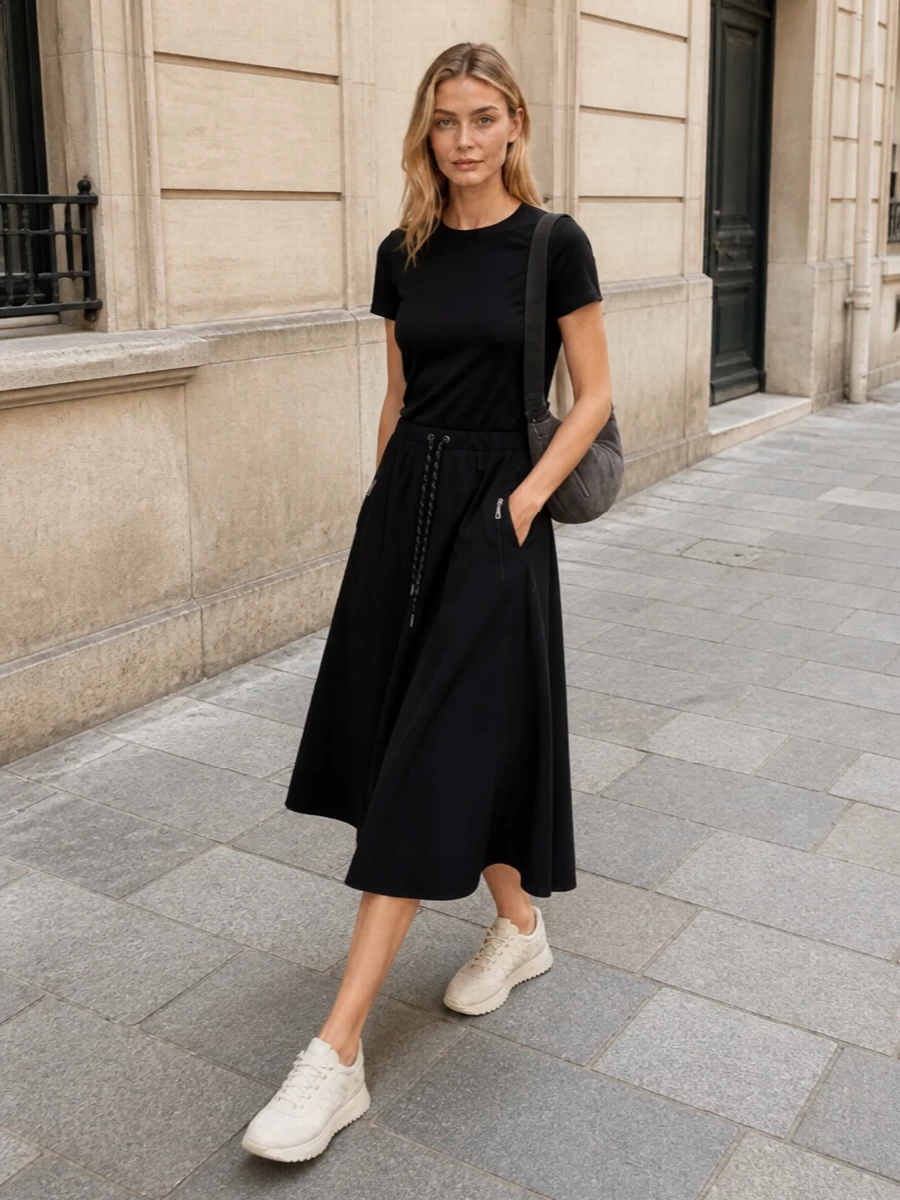 Moncler black tee a line midi skirt outfit