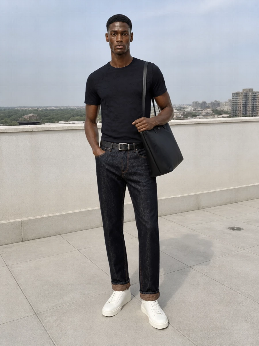 Dark indigo denim meets an ink navy textured tee for a calm, tonal base that feels considered without trying too hard. Off-white leather sneakers and a navy tote sharpen the finish, while a black belt adds just enough structure at the waist. The result is a clean, quietly luxurious outfit that works from relaxed office days to dinner in the city.