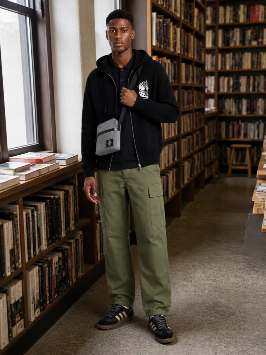 Stussy hoodie cargo pants adidas sneakers