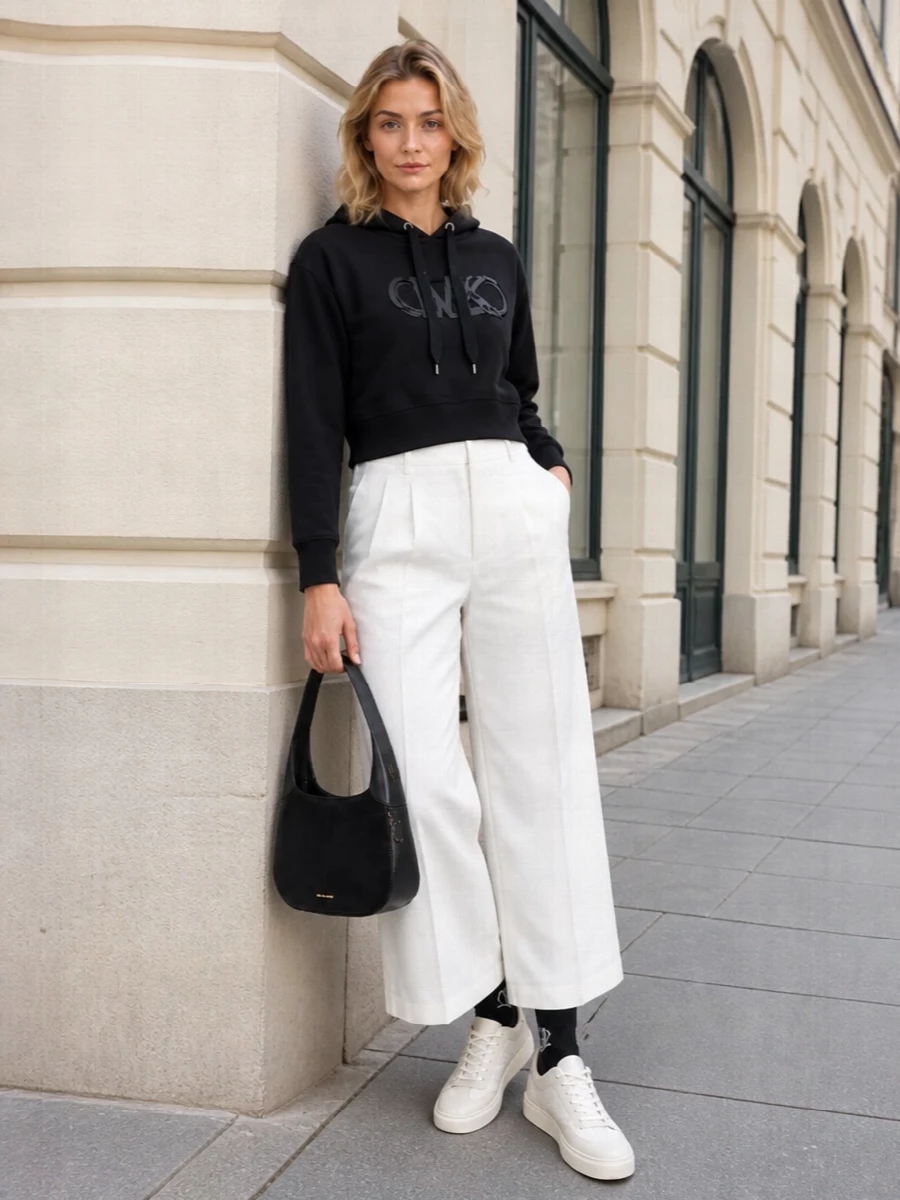 Michael kors hoodie white wide leg trousers outfit