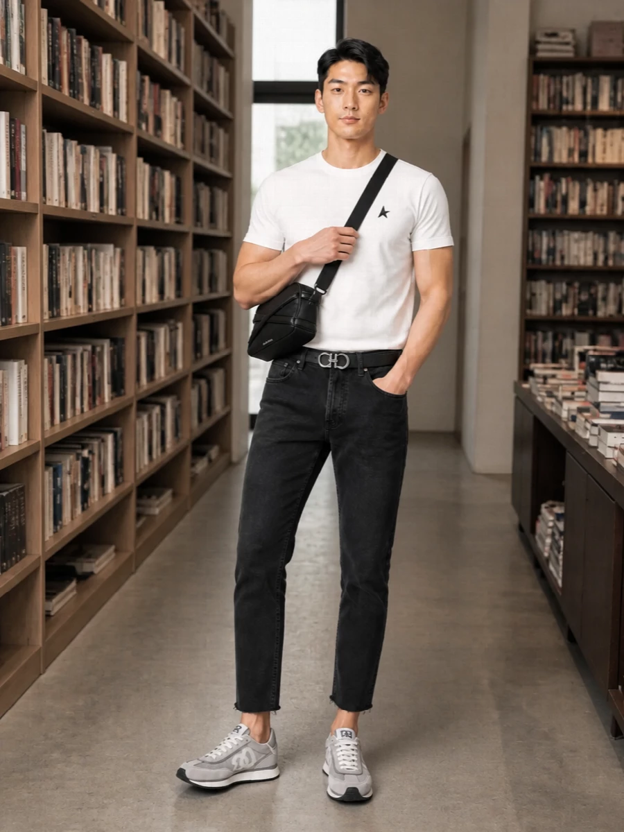 Faded black cropped denim and a clean white Golden Goose tee set a sharp, monochrome base that feels relaxed but intentional. Light grey retro runners keep it agile and low-key, while a technical black crossbody and a single gunmetal belt detail add just enough structure for city days and late nights without losing that off-duty ease.