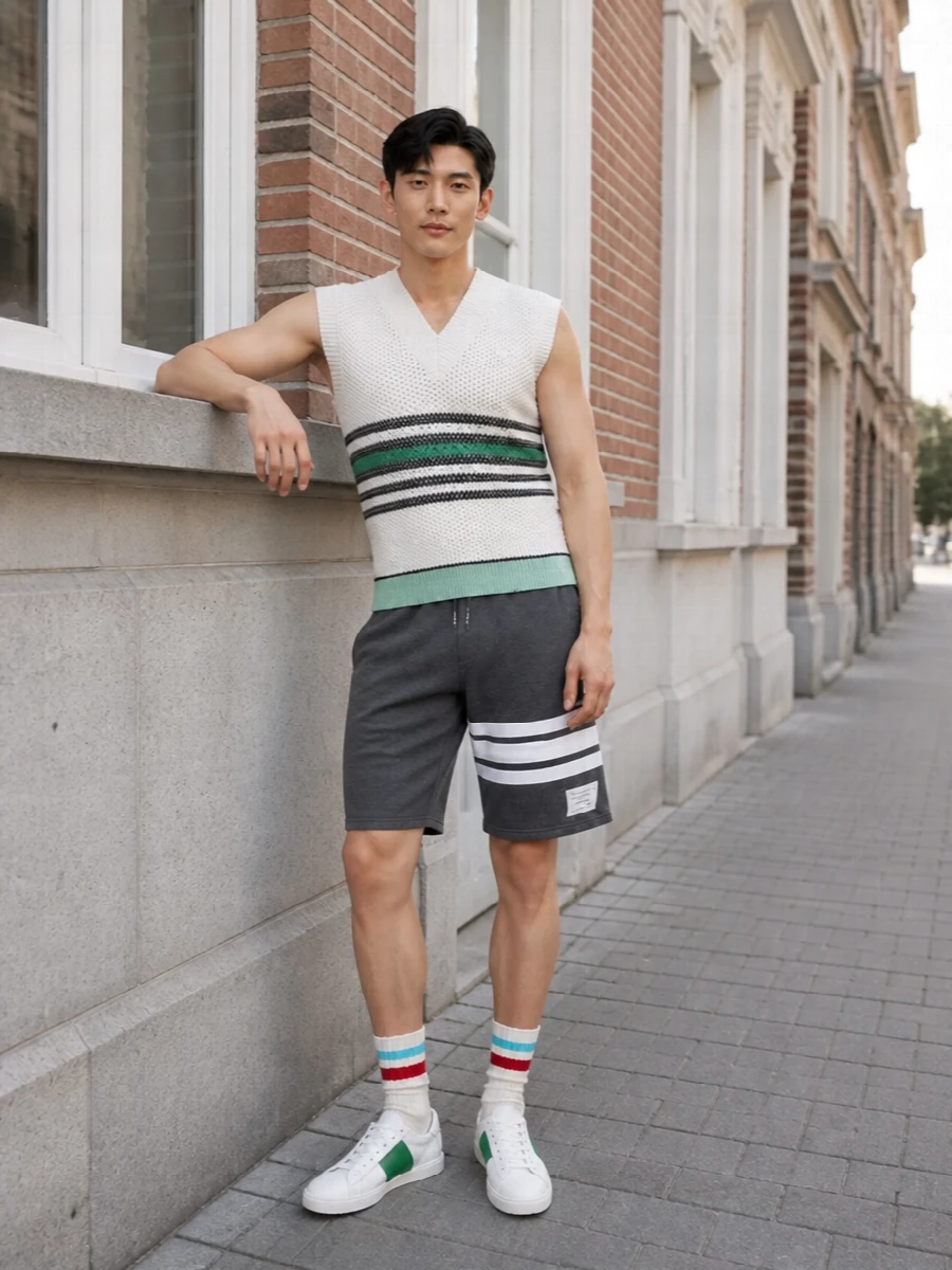 Lacoste vest thom browne shorts outfit