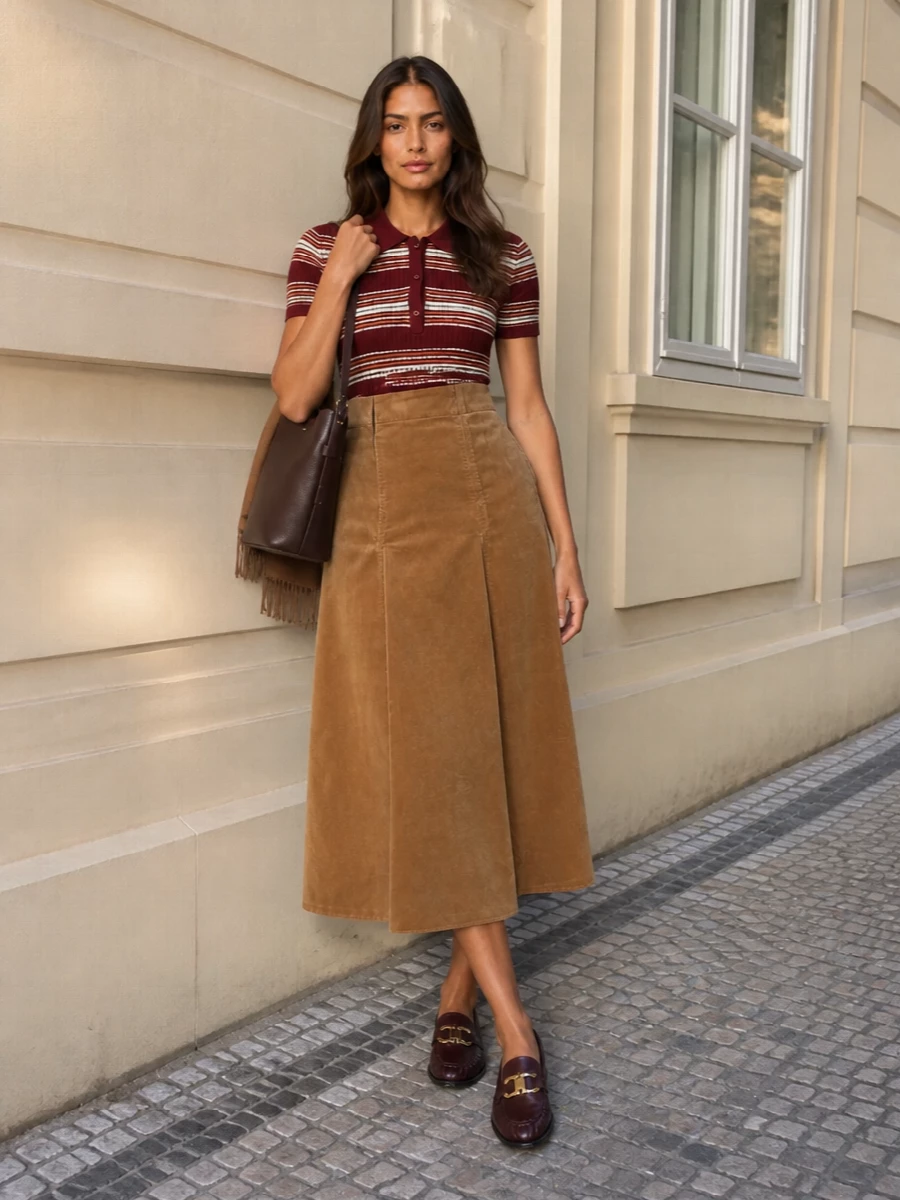 Max mara polo camel midi skirt burgundy loafers