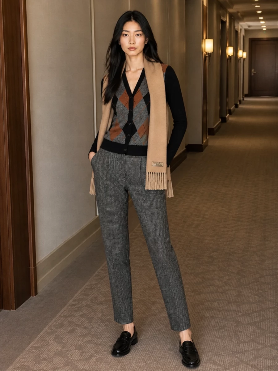 Prada argyle cardigan charcoal trousers outfit