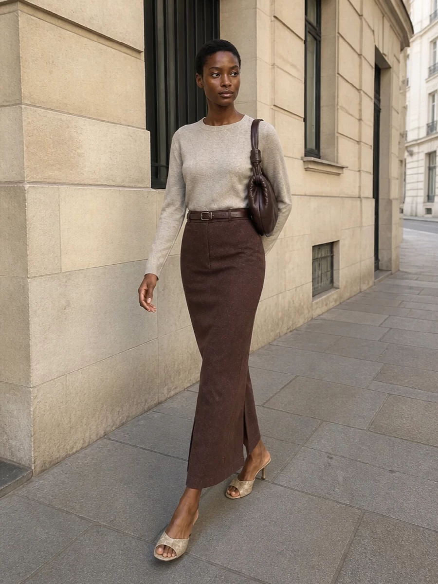 Quiet luxury neutral maxi skirt knit outfit