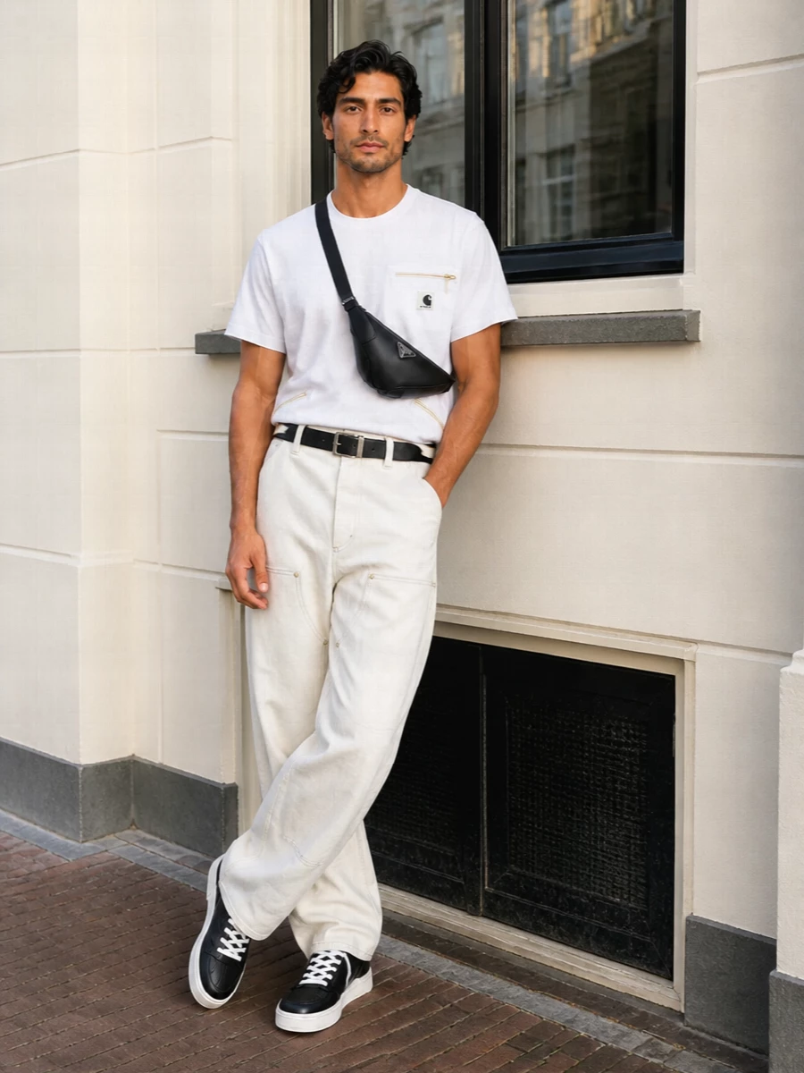 A crisp white utility tee sits over sculpted off-white trousers for a clean, architectural take on streetwear. Graphic black and white sneakers and a sharp technical crossbody keep the palette tight and modern, while a precise belt quietly frames the exaggerated volume through the leg.