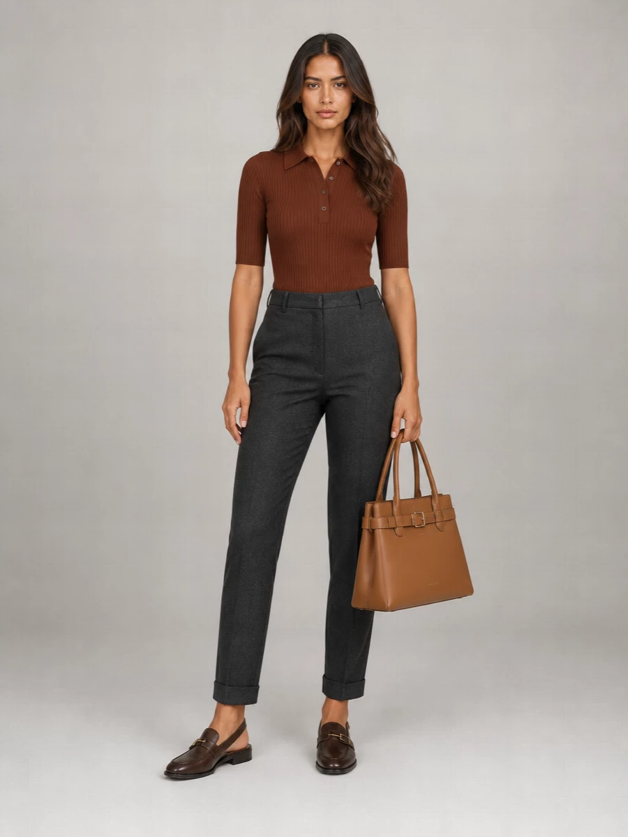 This outfit leans into the shoes’ collegiate quiet luxury by pairing the rust ribbed polo with sharply cut charcoal high-rise trousers. The warm browns in the knit and loafers are grounded by the tailored charcoal, while the structured tan top-handle adds a discreetly polished finish. Choosing top and trouser over a dress keeps the mood smart but day-appropriate, ideal for city days that move easily into dinner.
