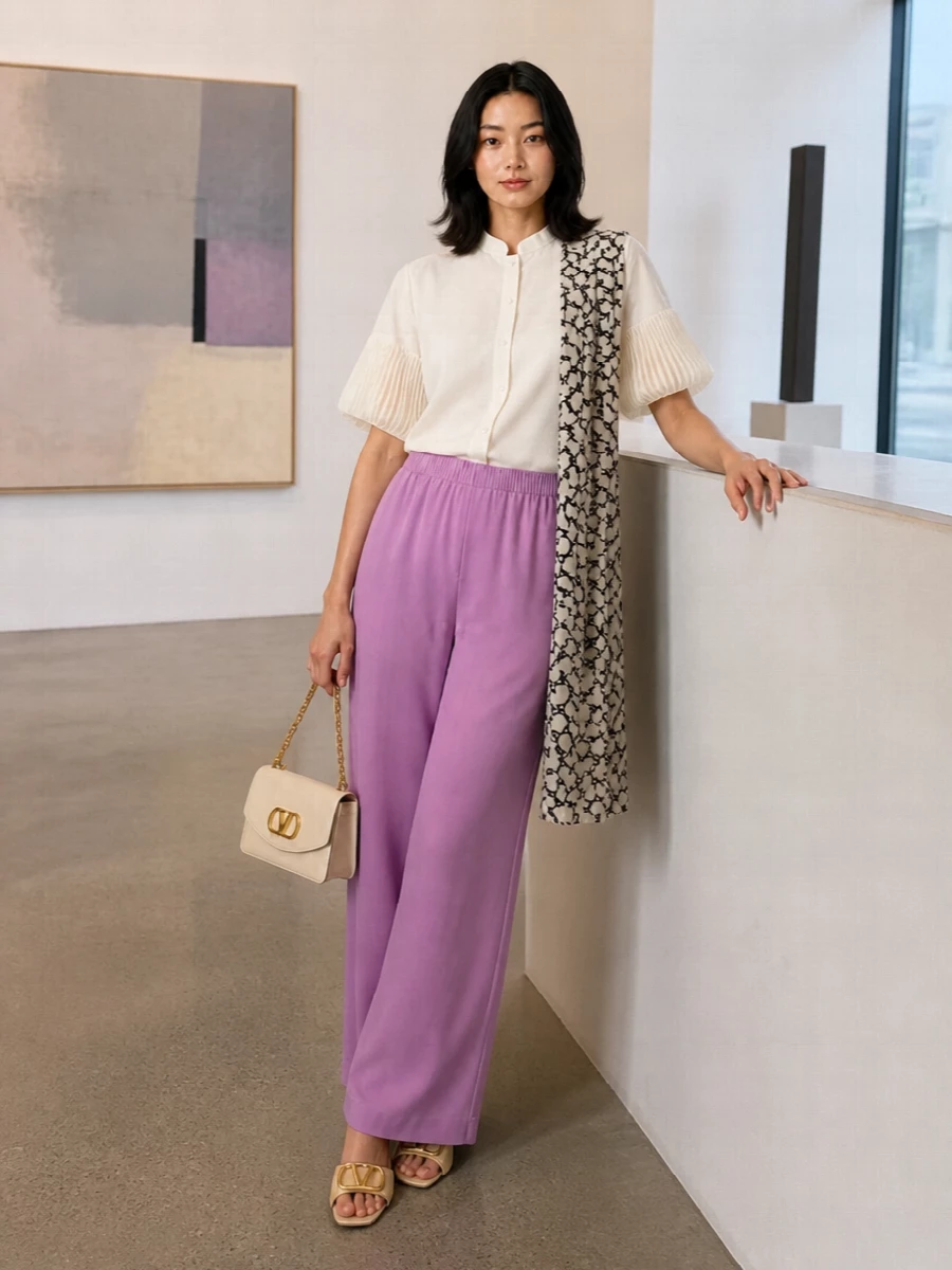 Valentino lilac wide leg trousers ivory blouse