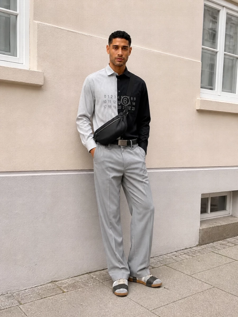 Mm6 margiela split shirt grey trouser sneakers