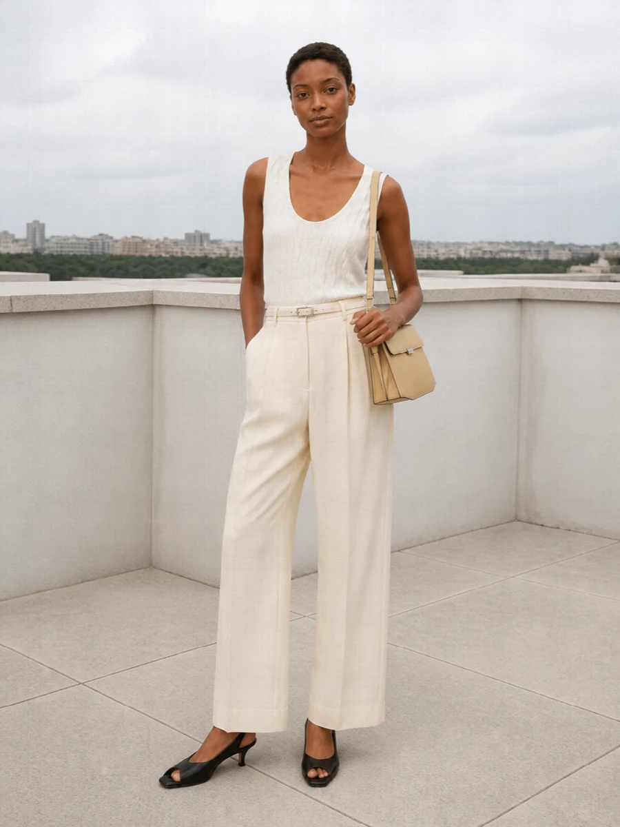 A crinkled ivory tank meets long, high-waisted buttercream trousers for a soft column of tone-on-tone texture. Black slingback sandals and a butter leather shoulder bag sharpen the ease without tipping into formality. A slim matching belt quietly anchors the proportions so the relaxed volume reads intentional, not lazy.