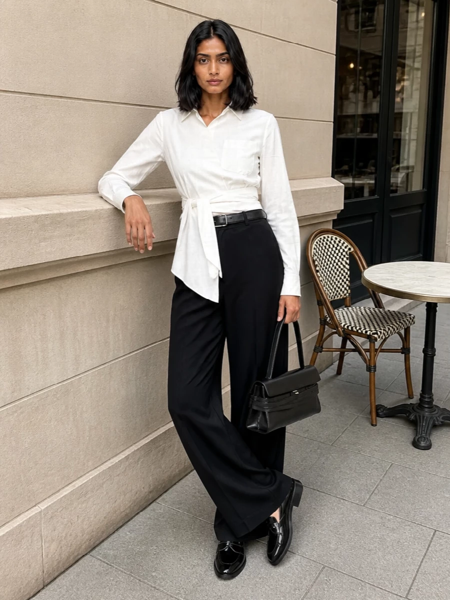 Moschino black trousers wrap shirt outfit