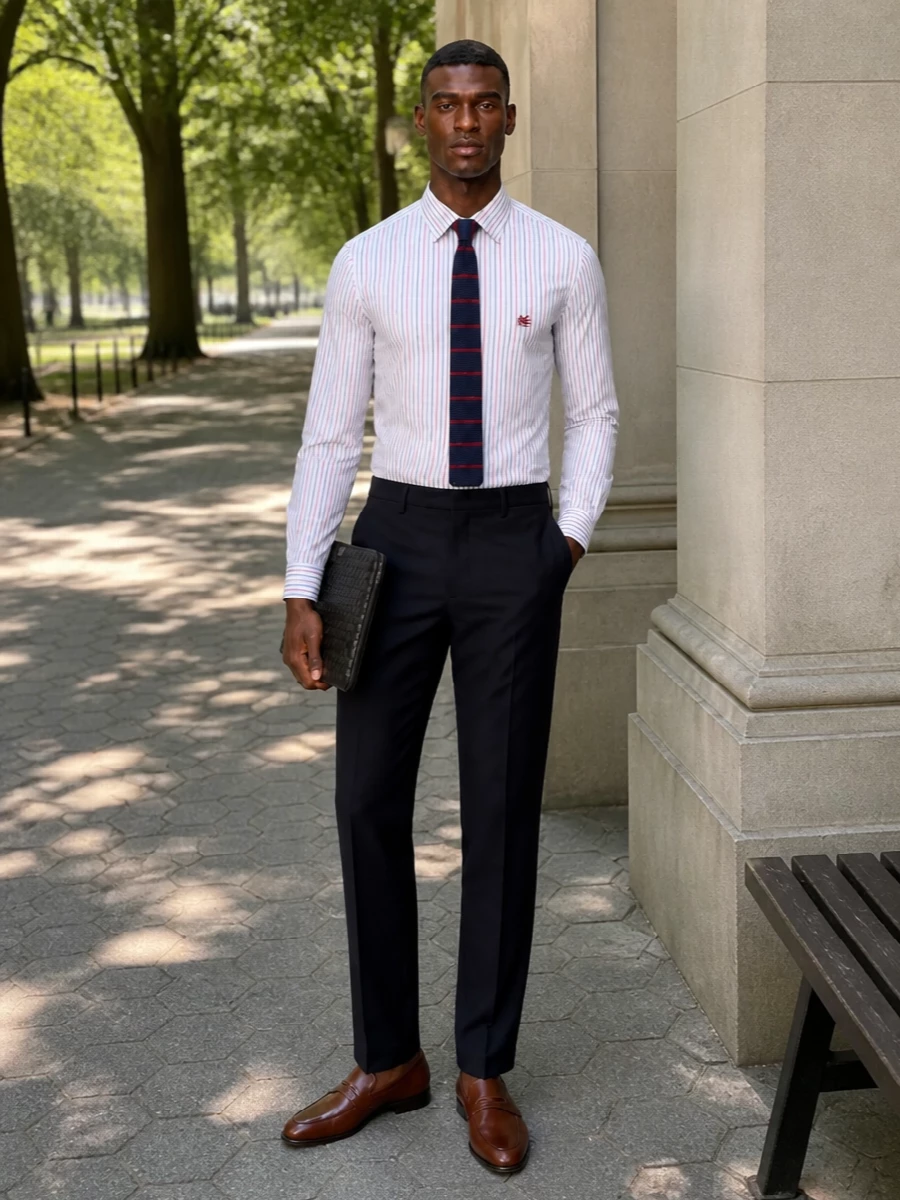 Etro striped shirt navy trousers loafers