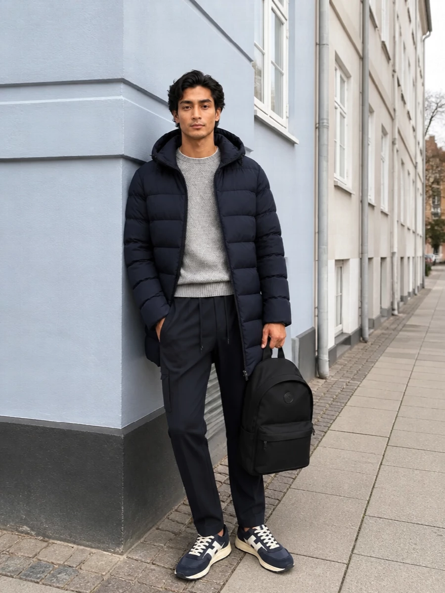 Herno navy parka grey knit drawstring trousers