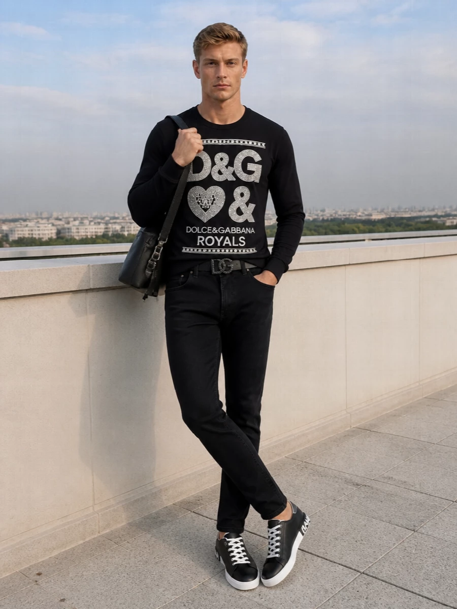 Dolce gabbana crystal logo tee black jeans sneakers