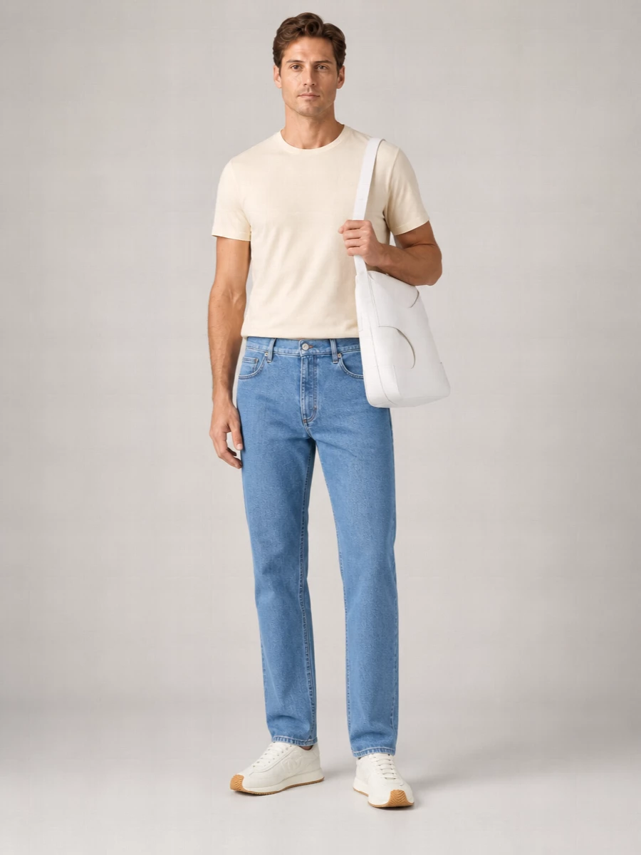 Buttercream and light blue stay in conversation here, with the Zegna denim giving the tee a clean, easy foundation. Off-white runners keep the line modern and relaxed, while the sculptural white bag adds a subtle architectural edge. The result is a soft, minimal city uniform that reads polished but never overdone for warm days.