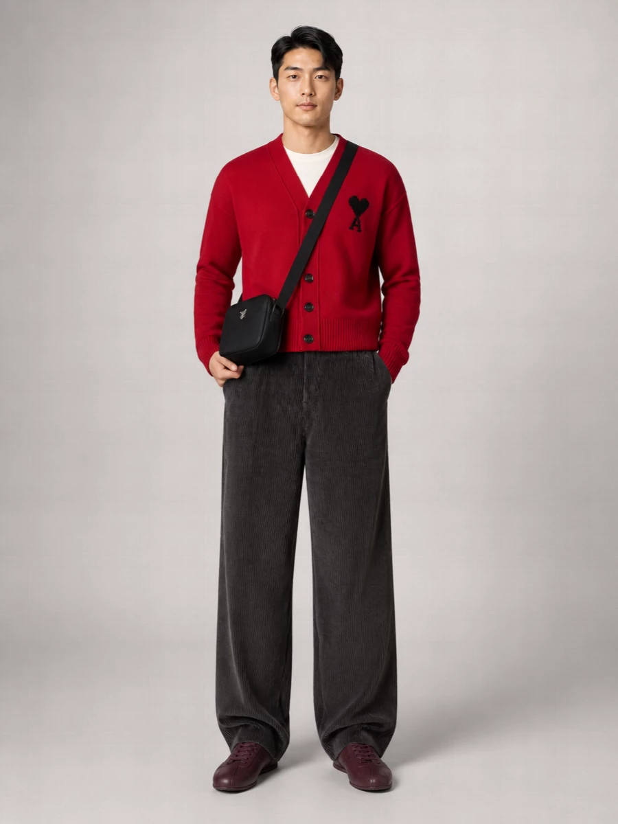 Ami Paris Wool V-Neck Ribbed Cardigan