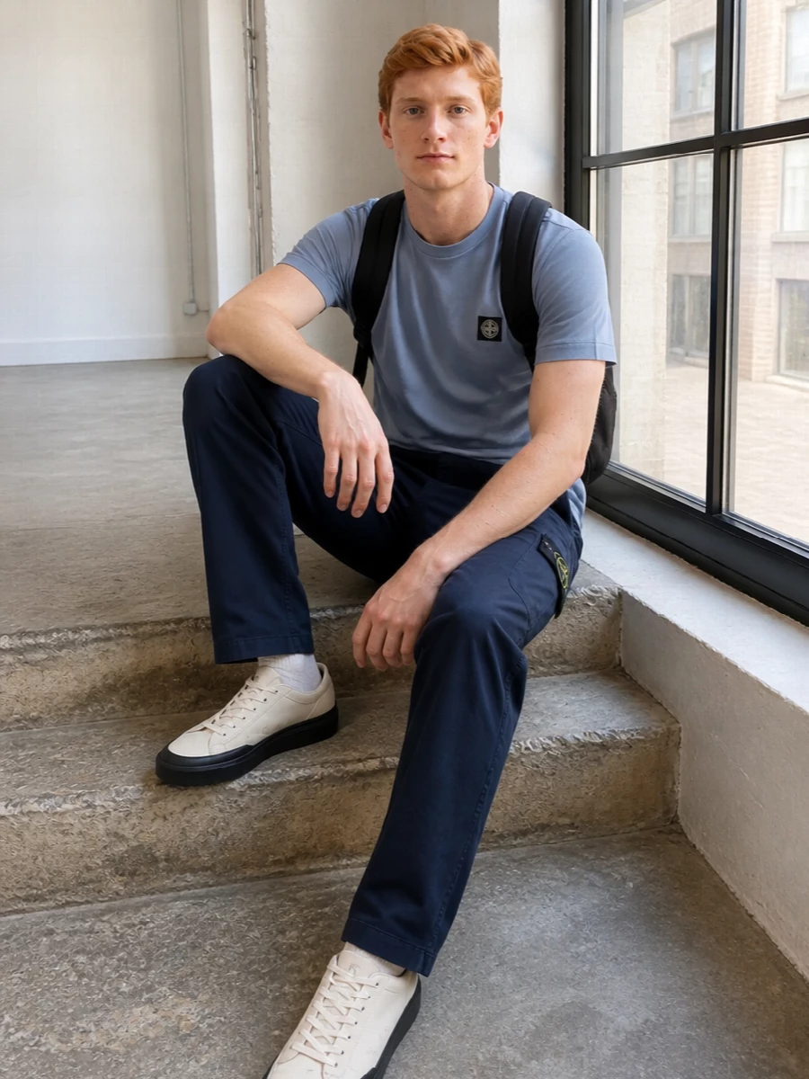 Stone island navy chinos blue tee neutral sneakers