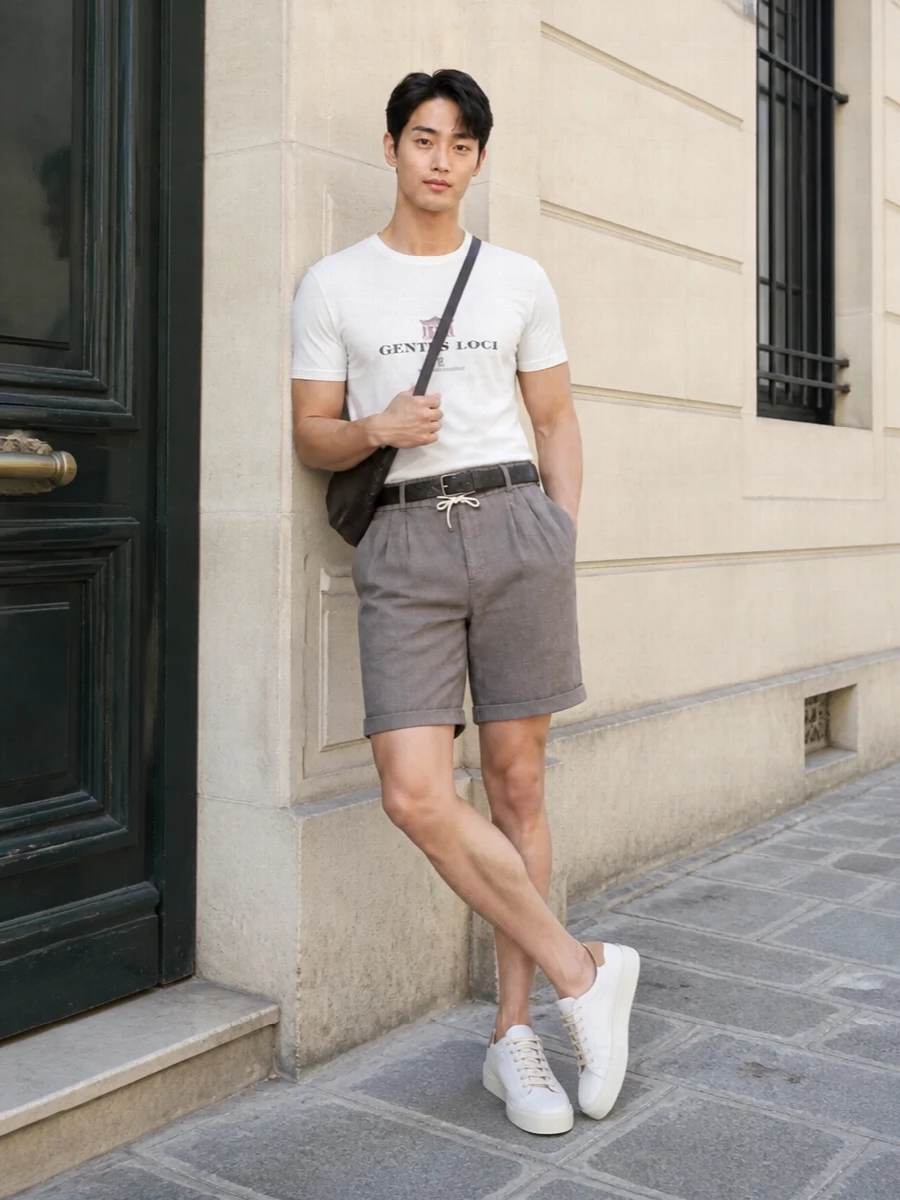 This look leans into refined resort ease: the Brunello tee’s cultured print is grounded by softly tailored taupe drawstring shorts for a polished yet relaxed silhouette. Eggshell-and-sand sneakers keep the palette light and cohesive, while the espresso intrecciato crossbody and slim textured belt introduce just enough depth and craftsmanship to signal true quiet luxury without disturbing the airy SS mood.
