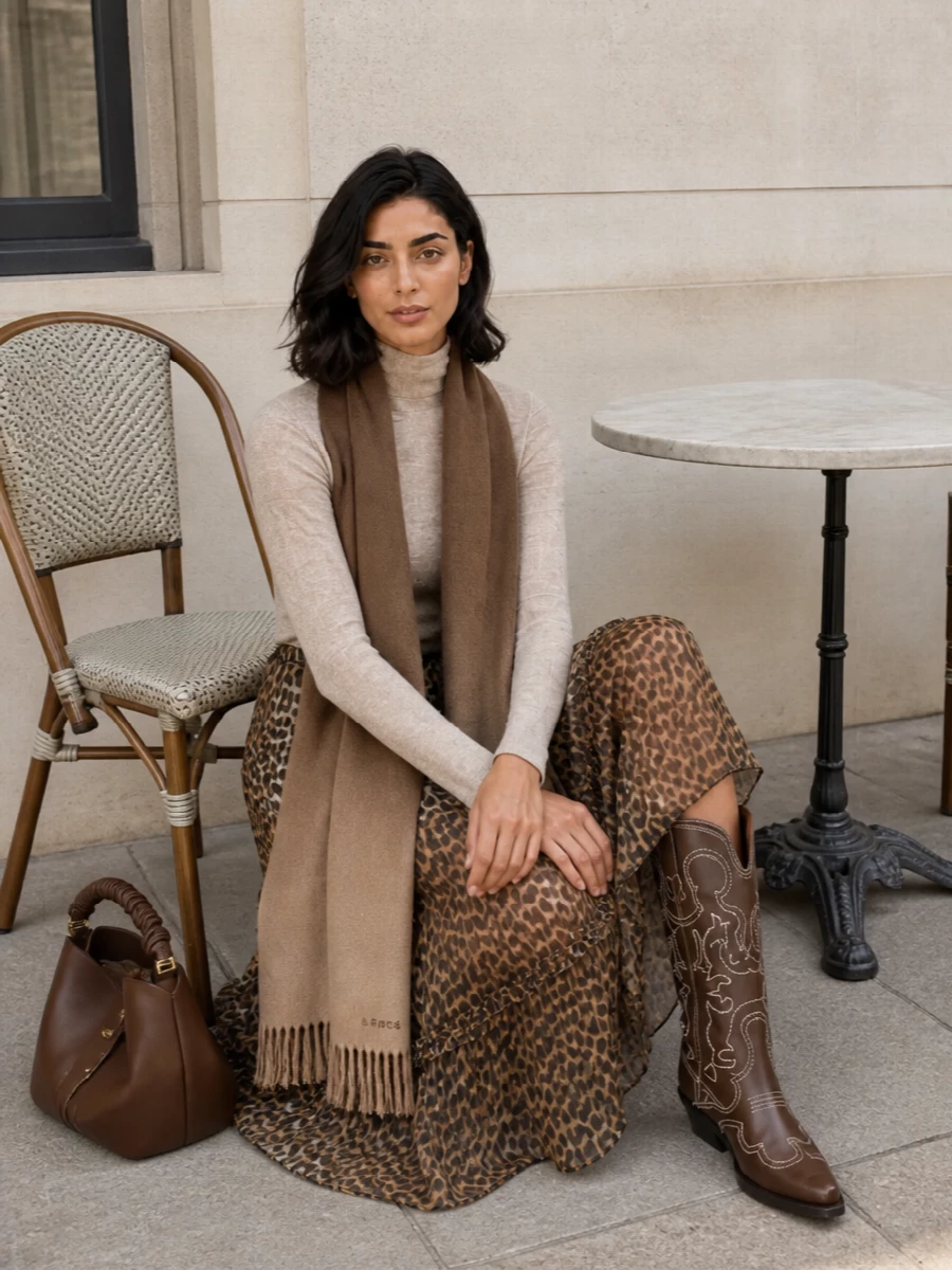 Ganni leopard midi skirt beige turtleneck outfit