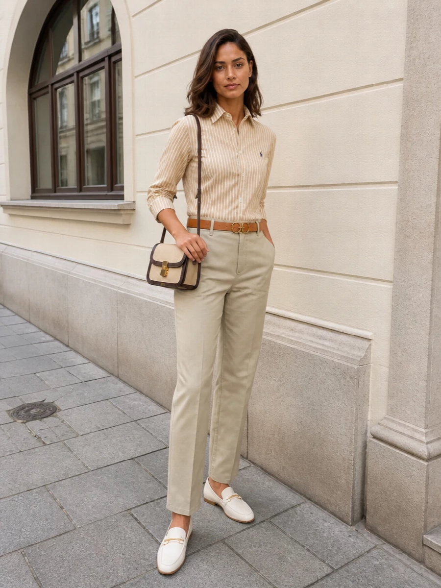 Light khaki chinos meet a sand striped Ralph Lauren shirt for an easy, quietly tailored preppy pairing. Ivory Tod’s loafers keep the lines clean and fresh, while a structured canvas A.P.C. crossbody and tan Ferragamo belt tie the soft neutrals together with subtle polish. The result is a warm-weather city uniform that feels relaxed yet clearly considered.