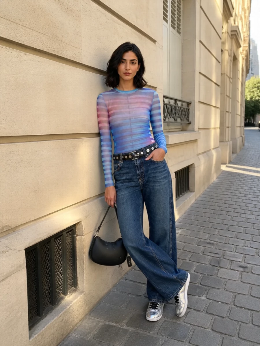 Gaultier wide leg jeans mesh top margiela sneakers