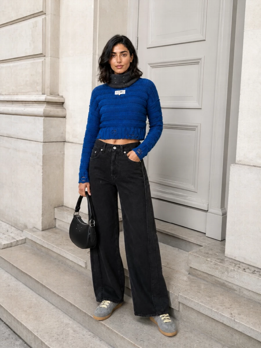 Mm6 margiela cobalt sweater black wide leg jeans