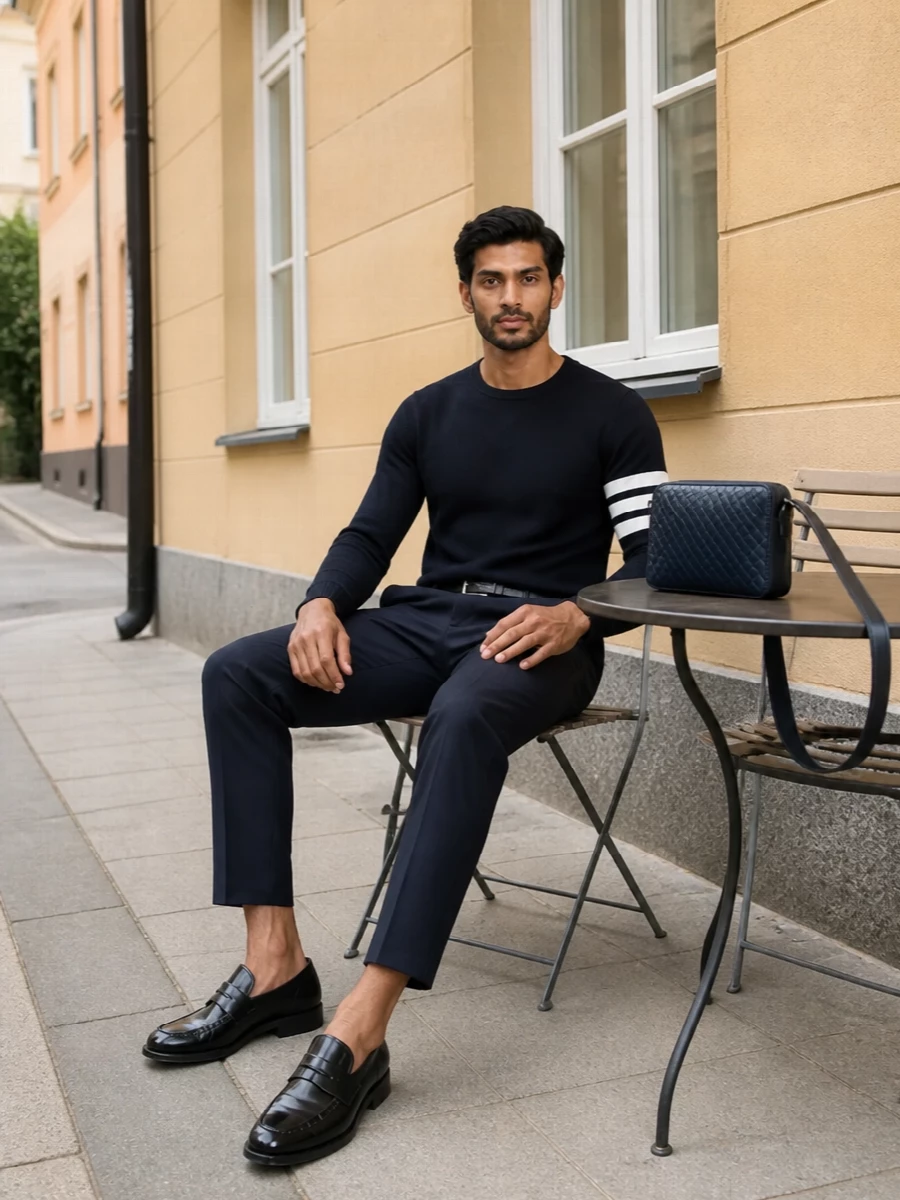 Thom browne navy suit black penny loafers