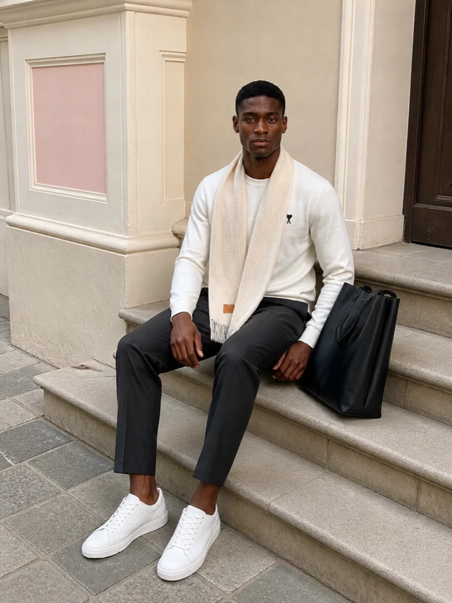Ami sweatshirt charcoal trousers white sneakers