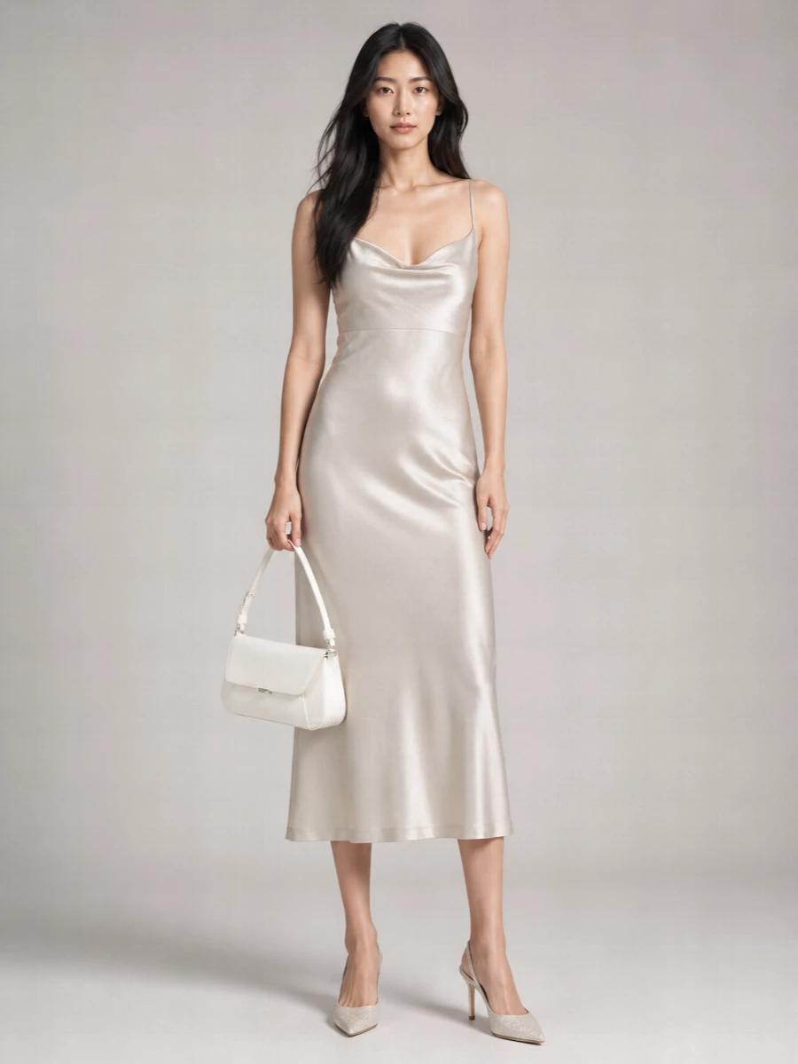 Choosing the champagne slip dress with the Jimmy Choo slingbacks keeps the story deliberately pared back and romantic, letting tone-on-tone shimmer carry the formality. The clean ivory baguette adds structure and practicality while staying in the same soft neutral family, so the whole ensemble reads as modern cocktail dressing that feels expensive but not showy.