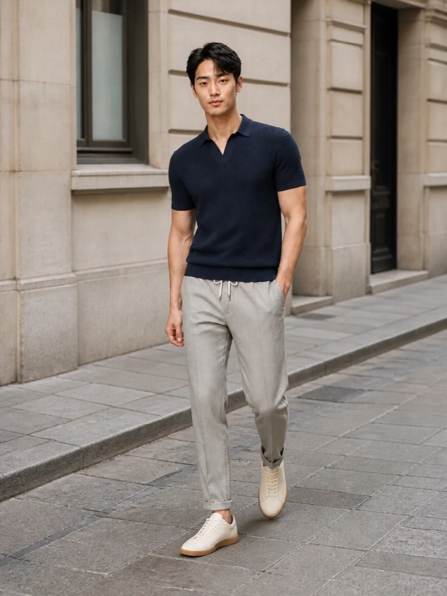 Navy knit polo grey drawstring trousers outfit