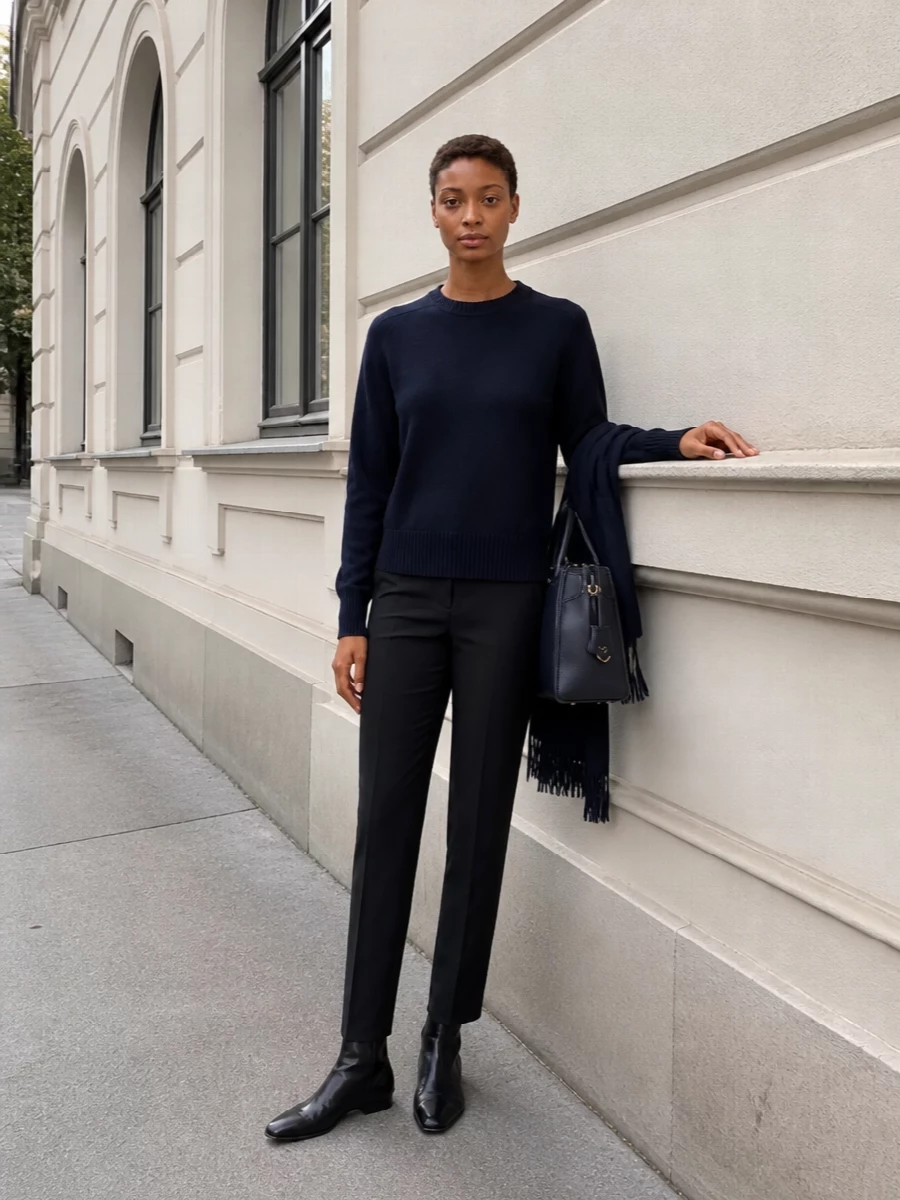 Ink cashmere on top of precise black tailoring creates a calm, long line that reads considered without effort. A navy structured bag and matching scarf keep the story tonal and restrained, while the sculpted black ankle boots quietly sharpen the whole composition.