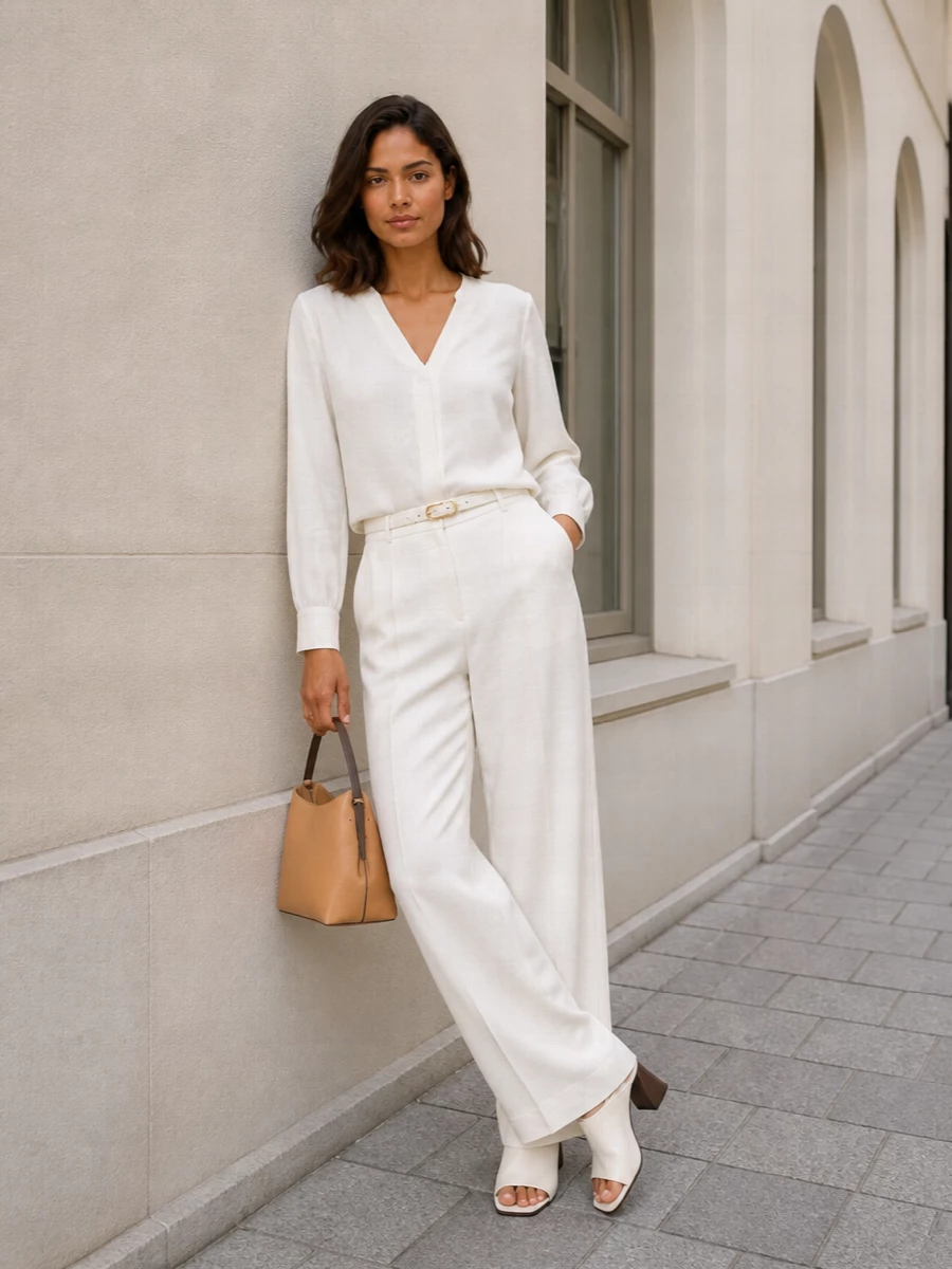 An all-ivory column of tailored wide-leg trousers and a fluid V-neck blouse creates a soft, elongated line that feels precise yet relaxed for warm evenings. Sculptural ivory mules keep the palette cohesive while adding just enough height to let the trouser fall cleanly. A structured camel-toned top-handle bag and a slender white belt introduce quiet definition and warmth without disturbing the minimalist calm.
