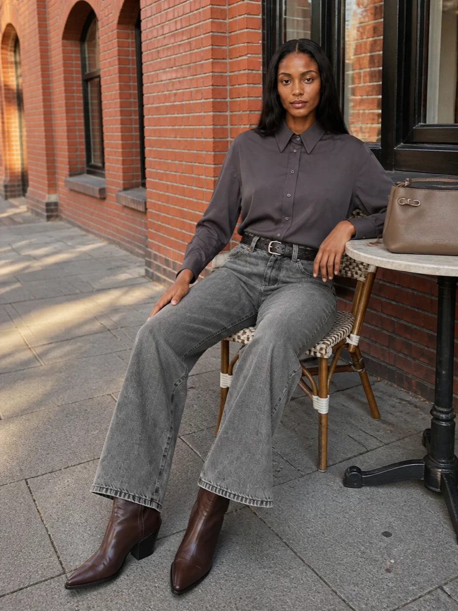 Brunello cucinelli grey wide leg jeans charcoal shirt