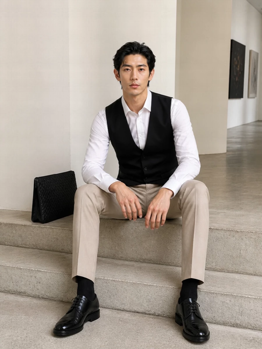 Dolce gabbana waistcoat beige trousers outfit