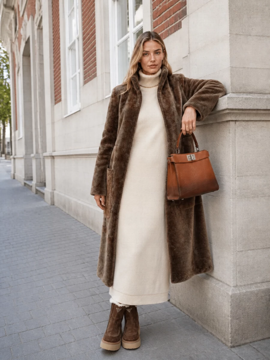 This works best as a dress story: the long cream Jil Sander knit turns the Armani faux-fur coat into a single, quiet column of texture and light. Chunky Prada shearling boots keep it grounded and urban, while the structured Fendi bag adds definition and polish without breaking the hushed, mink-and-cream palette.