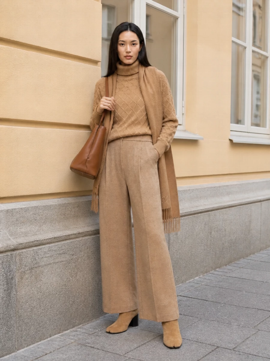 Max mara camel turtleneck wide leg trousers outfit