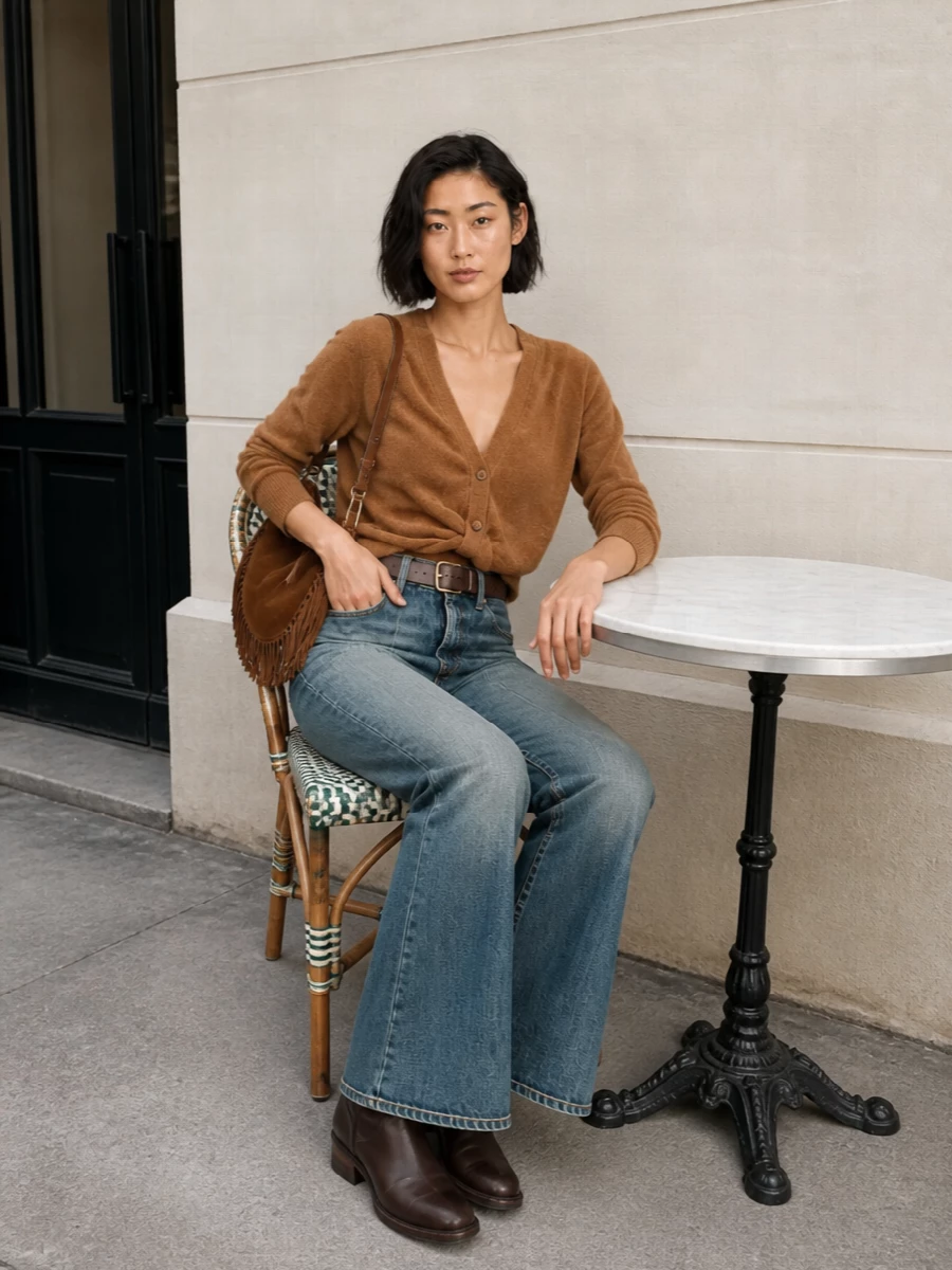 R13 flared jeans cropped cardigan western boots