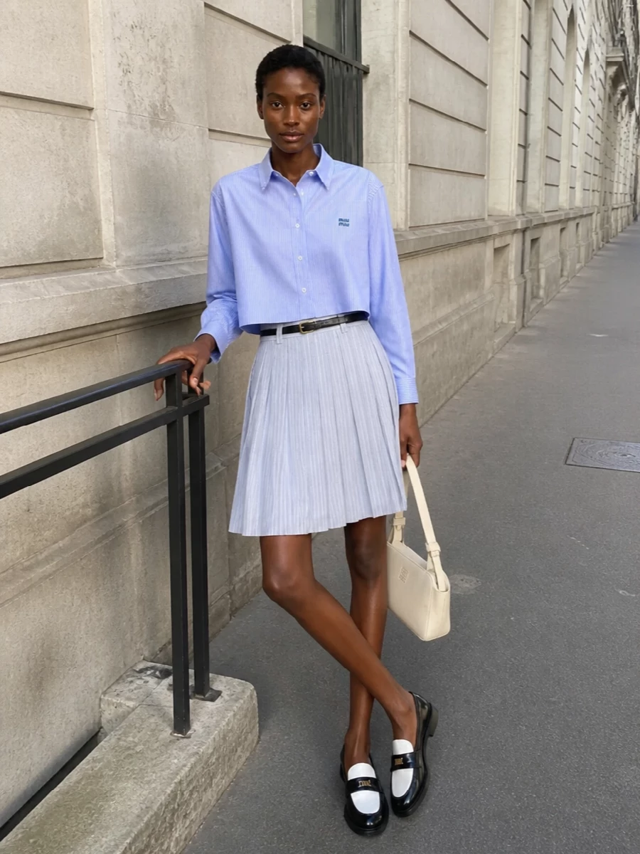 This look leans into Miu Miu’s collegiate tailoring with the cropped striped shirt tucked into a high-waisted ice-grey pinstriped pleated skirt, creating a crisp, elongated line through the waist. Two-tone loafers ground the outfit with a graphic, quietly academic edge, while the slim black belt and butter-toned shoulder bag keep the styling elevated and restrained. The result is a light SS uniform that feels polished, intelligent and unmistakably Miu Miu.