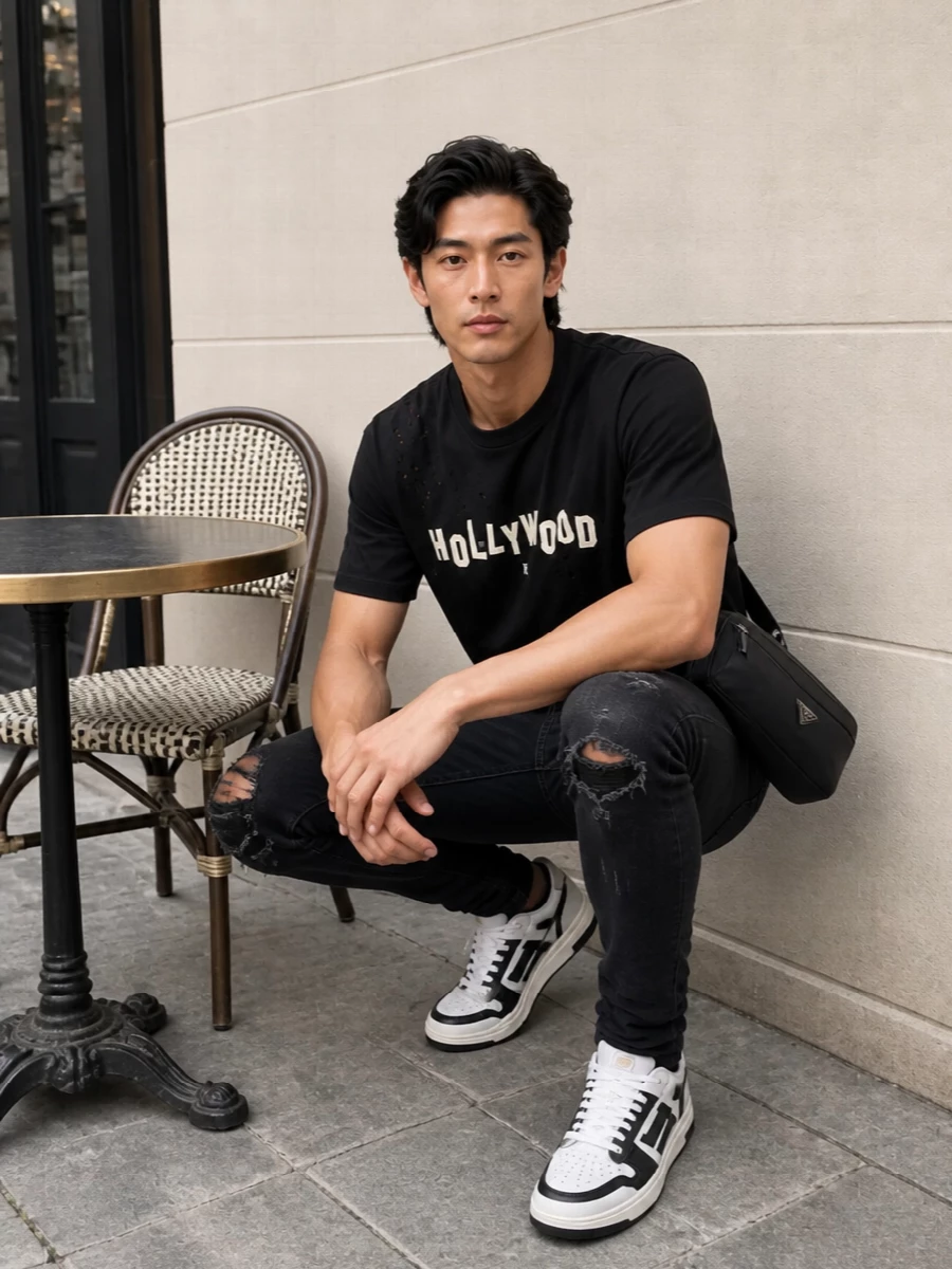 Amiri hollywood jeans black graphic tee outfit